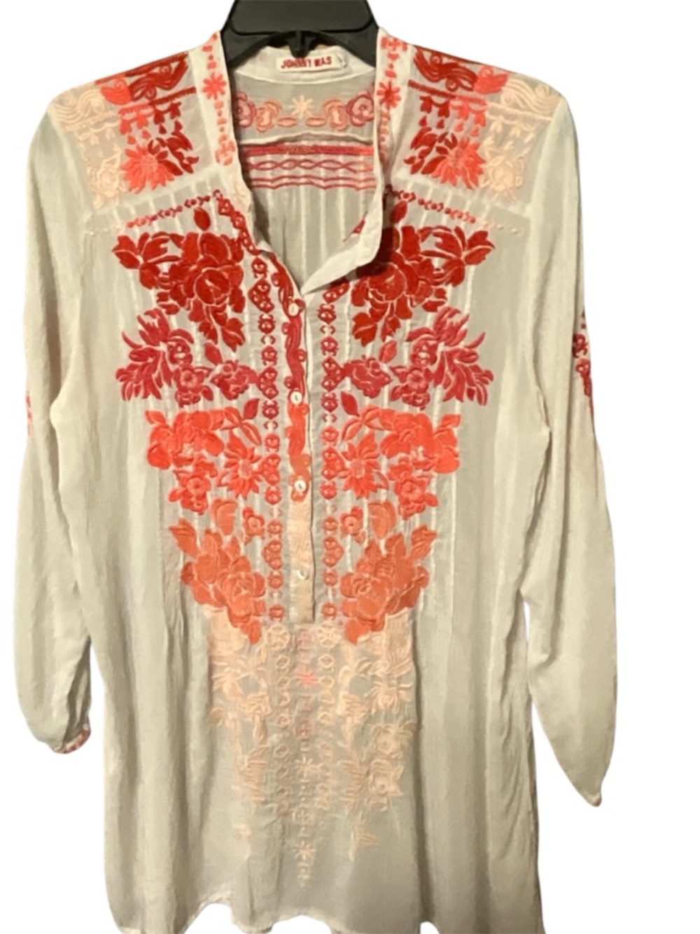 Johnny Was Embroidered Boho Blouse Floral Tunic Top Cream Red 3/4 Sleeve Women M
